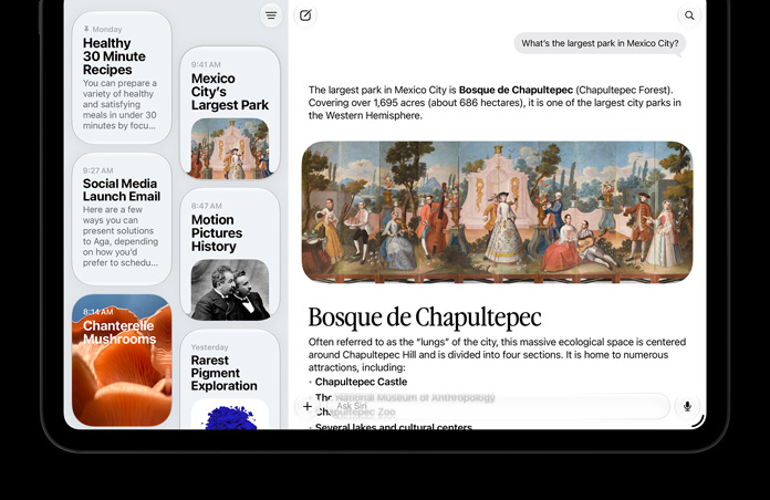 11 inç iPad Pro, Uzay Siyahı, önden görünüm, ekranda Siri uygulaması gösteriliyor, kenar çubuğunda aktif bir Siri AI sohbeti ve önceki sohbetler yer alıyor