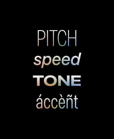 Siyah bir arka planda bir sesin karakteristik özellikleri maddeler halinde yazılmış: Pitch, speed, tone, accent