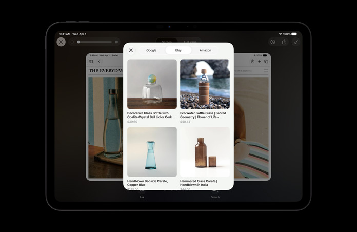 11 inç iPad Pro, Uzay Siyahı, ekranda cam şişelerle ilgili bir Görsel Zeka sorgusu ve yanıt olarak verilen ürün görselleri, görsellerin altında Ask ve Image Search düğmeleri görünüyor
