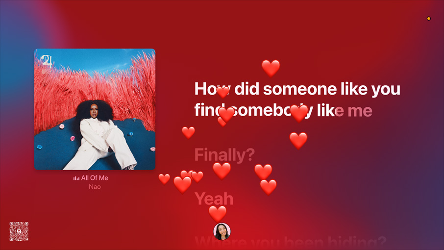 Sanatçı Nao’nun “All of me” adlı şarkısı için oluşturulmuş Apple Music klibi ve şarkı sözleri gösteriliyor