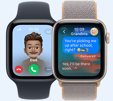 Apple Watch SE 3 devices, screens: incoming call from Dad, Messages with Grandma, bands: Sport Band, black color, Sport Loop, chambray blue color (light blue-gray)