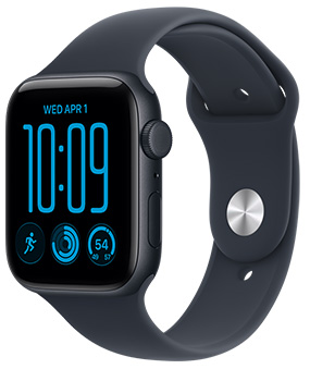 Apple Watch SE 3, Aluminiumgehäuse, Farbe Mitternacht, rechte Seitenansicht, Digital Crown, Mikrofon, Seitentaste, Sportarmband, Farbe Schwarz, Pin-Verschluss (silberner Pin)