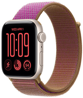 Apple Watch SE 3, Aluminiumgehäuse, Farbe Polarstern, rechte Seitenansicht, Digital Crown, Mikrofon, Seitentaste, verbunden mit Sport Loop Armband, Farbe Magenta, Klettverschluss
