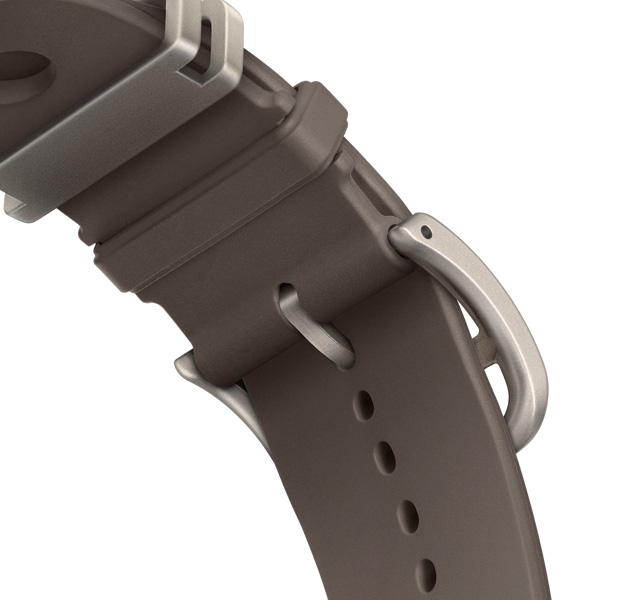 حزام Scub'H Diving لساعة Apple Watch Hermès Ultra 4، لون Gris Titane (رمادي)، تفاصيل الإبزيم من الجانب السفلي، مطاط مقولب ناعم، فتحات دائرية في الوسط