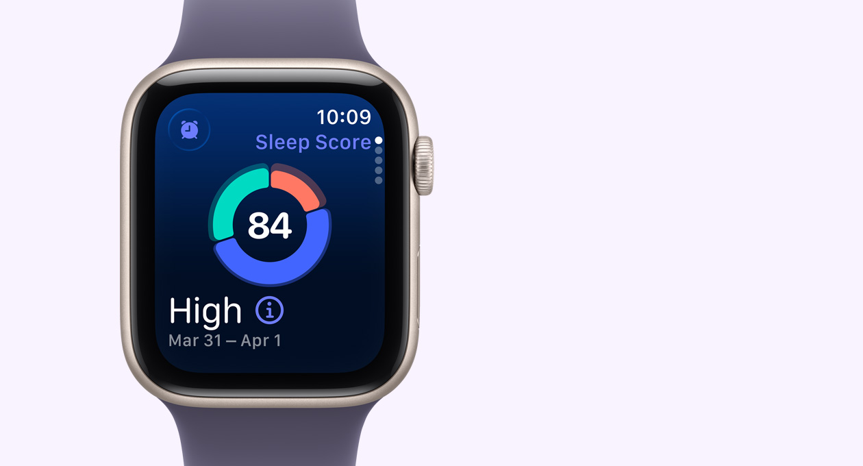 Apple Watch SE 3, aluminum case, starlight color, screen shows sleep score circle graph, right side exterior, Digital Crown, Sport Band, purple fog color