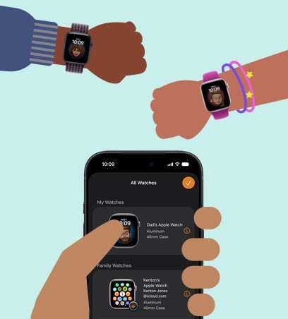 Apple Watch dla Twoich dzieci, ilustracja przedstawiająca nadgarstki dzieci z założonymi Apple Watch SE 3, które są sparowane z iPhonem trzymanym w ręce przez rodzica