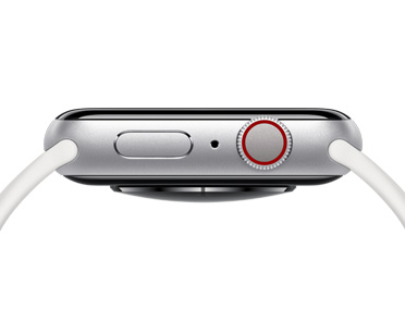 ساعة Apple Watch، لون فضي، الجزء الخارجي الأيمن، الزر الجانبي، فتحة ميكروفون، التاج الرقمي