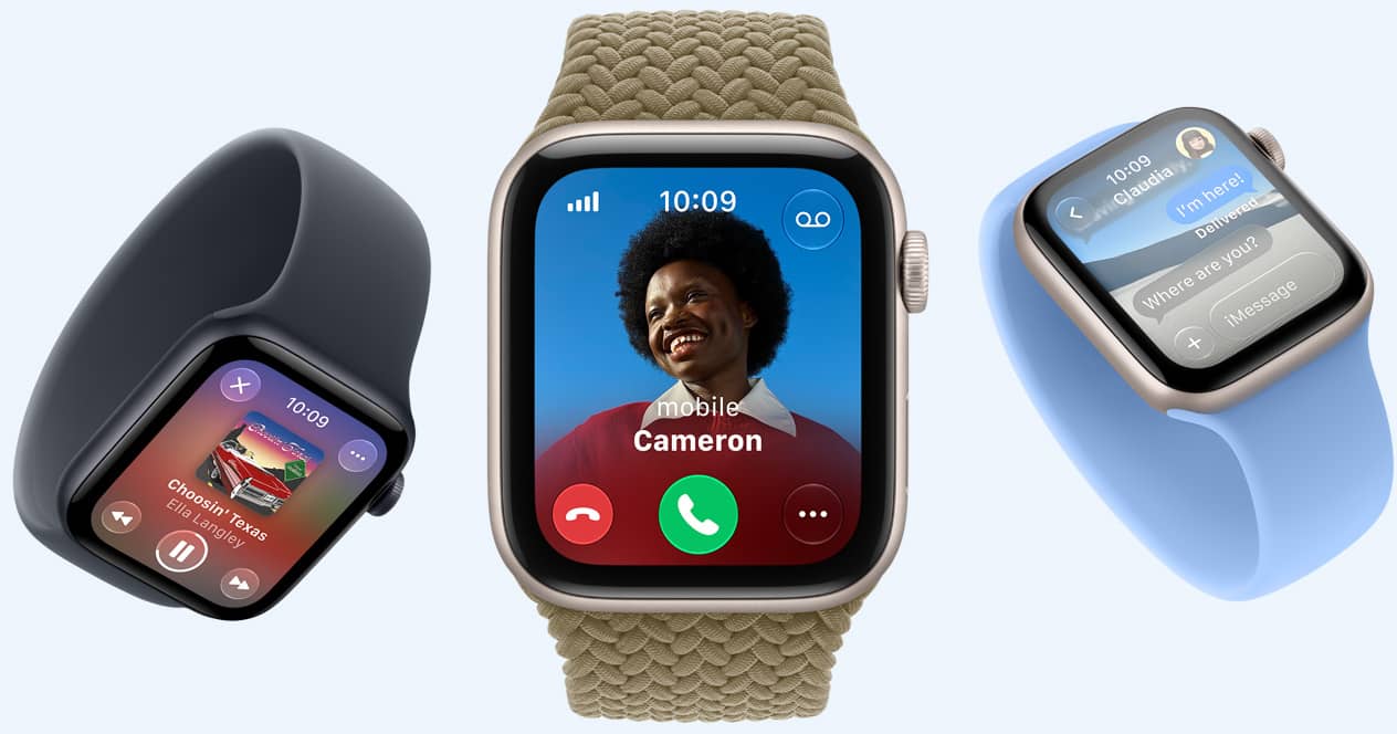 Urządzenia Apple Watch SE 3 z aluminiowymi kopertami w kolorach księżycowej poświaty i północy oraz różnymi paskami: opaską Solo w kolorze granatu i polnego niebieskiego oraz plecioną opaską Solo w kolorze oliwki (ziemista zieleń) wyświetlają ekrany Apple Music, przychodzącego połączenia, Wiadomości