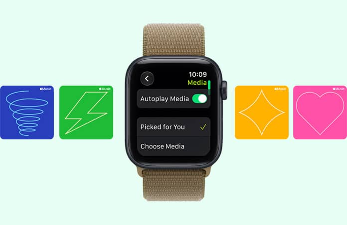 Apple Watch SE 3, aluminium case, midnight colour, screen shows Media Player, right side exterior, Digital Crown dial, Sport Loop strap, olive colour (earthy green), background Apple Music graphic cards: whirlwind, lightning, diamond and heart illustrations
