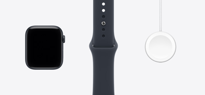 Apple Watch SE 3, aluminium case, midnight colour (black), front exterior, edge-to-edge display, digital crown, Sport Band, black colour, Apple Watch Magnetic Fast Charger to USB-C Cable