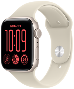 Apple Watch SE 3 med urkasse i aluminium i farven stjerneskær, Modulær-urskive med komplikationerne dag og dato, Træninger, Aktivitetscirkler og temperatur, Digital Crown og sideknap i højre side, Sportsrem i farven sand