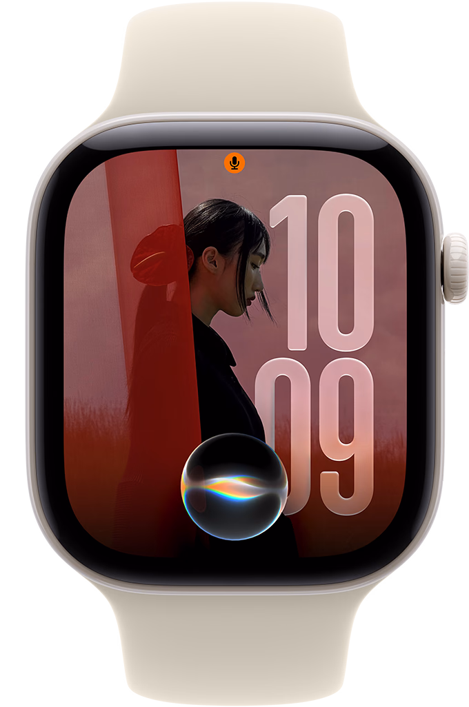 Apple Watch Series 12, seramik kasa, inci beyazı renk, Siri simgesinin bulunduğu Fotoğraflar saat kadranı, sağ dış görünüm, Digital Crown, Spor Kordon, kum beji renk