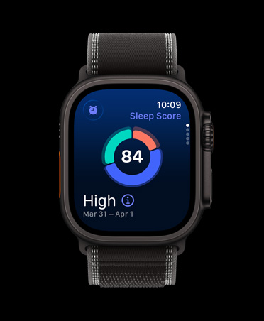 Apple Watch Ultra 3, black colour, titanium case, screen shows sleep score circle graph, strap, Trail Loop, black/charcoal colour