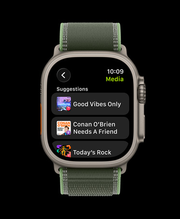 Apple Watch Ultra 3, titanium case, natural color, Apple Music, workout playlist, controls, previous song, next song, pause, Trail Loop, green/neon color
