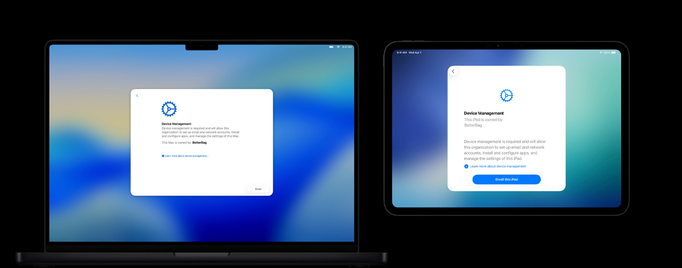 Two Apple devices side by side: A Mac computer displaying a Remote Management window, and an iPad showing a Remote User Management screen.