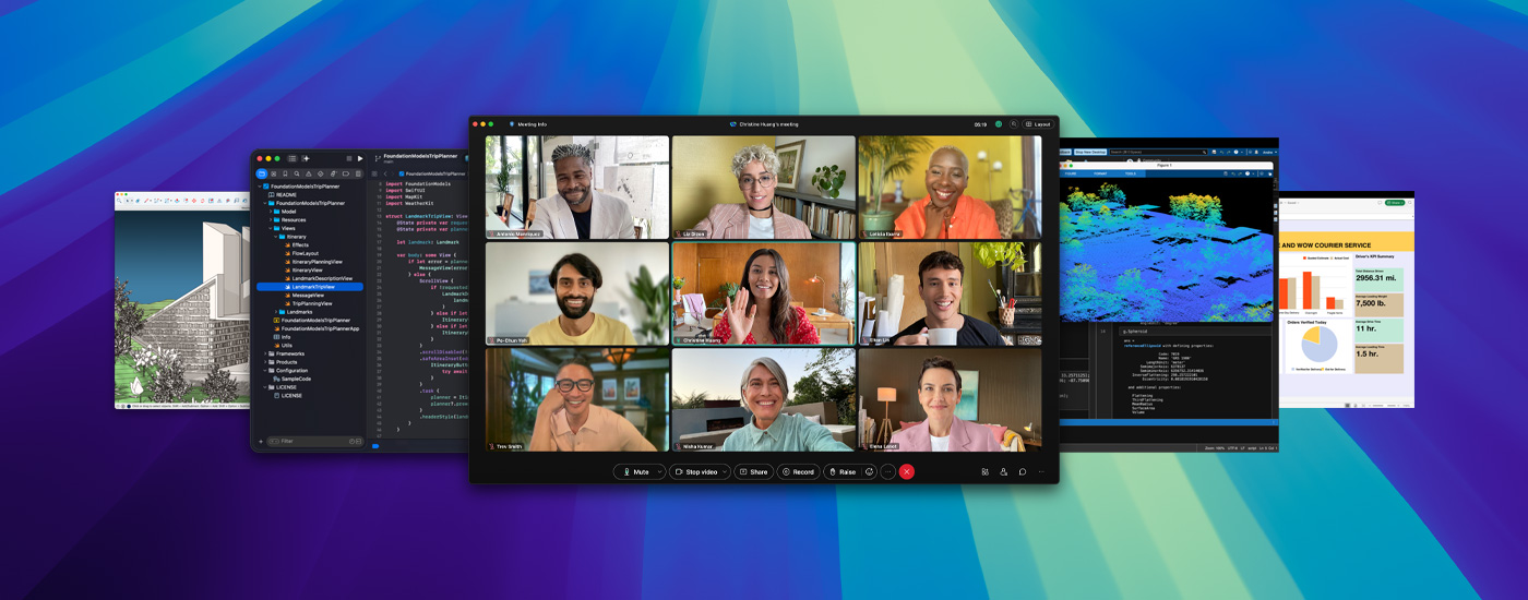 Multiple app screens displayed, including a virtual meeting held on Webex.