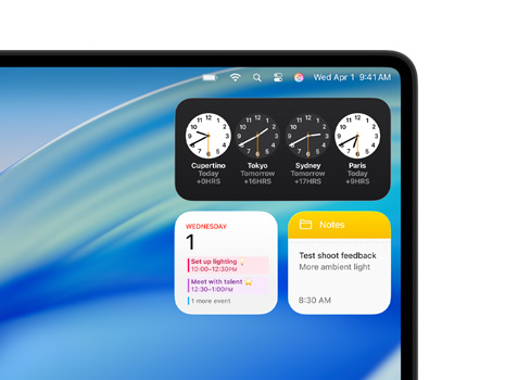 Various widgets on a Mac desktop including Clock, Calendar, Notes and Weather.