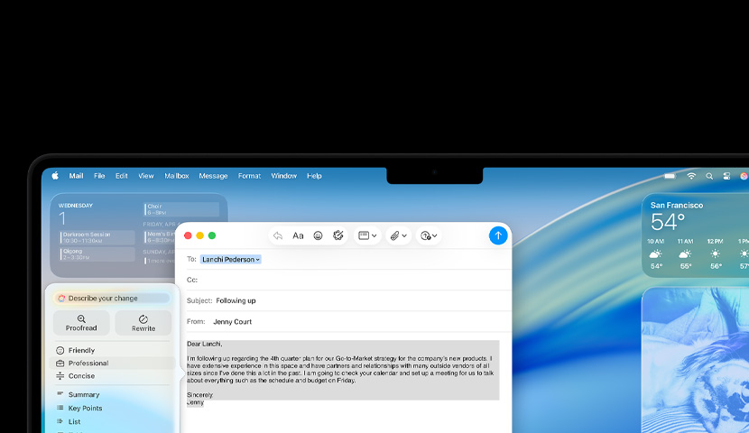 Mac desktop with a business email featuring an Apple Intelligence prompt. Behind the email window is the Calendar widget.