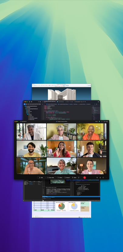 Various apps open and layered on each other. The app in the forefront is a Webex call with several participants.