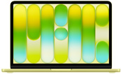 MacBook Neo, open, displaying a colourful gradient background with vertical stripes in shades of green, yellow and blue.