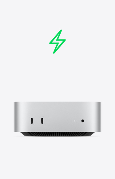 Yeşil şimşek simgesi, Mac mini’nin önden görünümü, iki adet USB‑C bağlantı noktası, durum göstergesi ışığı