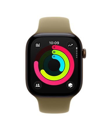 Apple Watch Series 12, alüminyum kasa, koyu bronz renk, Aktivite halkaları ekranı, hareket, egzersiz ve ayakta durma ölçümleri, Spor Kordon, klasik zeytin yeşili renk (toprak yeşili)
