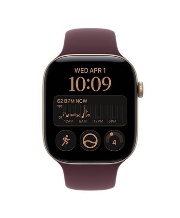 Apple Watch Series 12, screen shows heart rate app, health and fitness icons, aluminun case, light gold colour, connected to Sport Band, burgundy colour