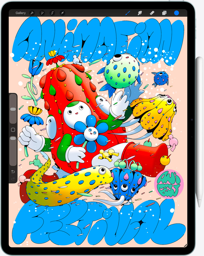 iPad Air, front exterior, displaying Procreate app, colorful digital artwork featuring various characters and objects, Apple Pencil Pro