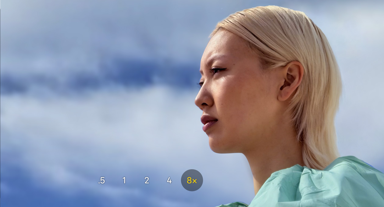 iPhone 17 Pro Camera app, optical zoom 0.5x, 1x, 2x, 4x, and 8x, where 8x is selected