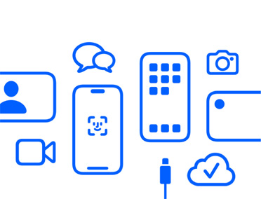 أجهزة Apple وميزاتها، iCloud، iPhone مع بصمة الوجه وكابل الشحن، الكاميرا، المراسلات، الرسائل