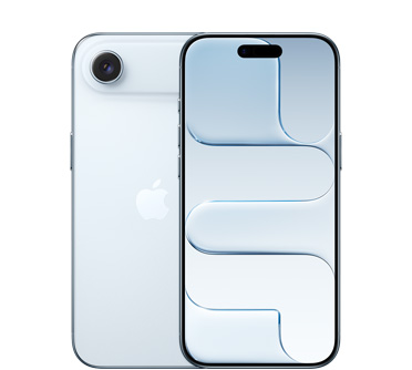 Gök Mavisi iPhone Air’in arkadan dış görünümü, üst kısımda Fusion kamera sistemi, ortada Apple logosu, Gök Mavisi iPhone Air’in önden dış görünümü, Dynamic Island tepede ortalanmış