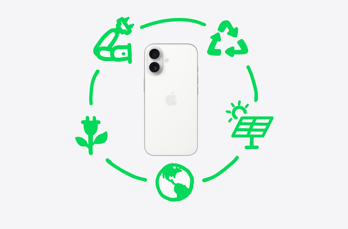 Schéma illustrant les mesures prises par Apple pour recycler et réutiliser les matériaux, notamment en matière de conception et d’approvisionnement, de fabrication, d’emballage et de transport, d’utilisation et de récupération, encerclant un iPhone 17 en finition brume, vu de dos.