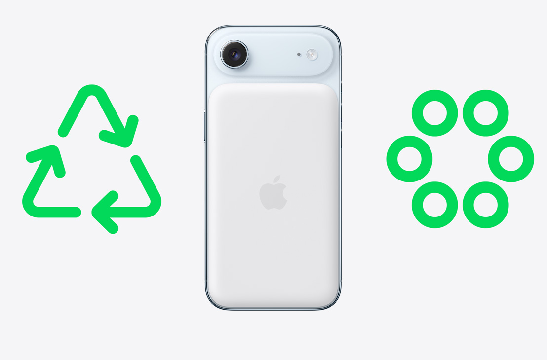 iPhone Air، لون أزرق سماوي، الجهة الخارجية الخلفية، يتوسط بين رمز إعادة تدوير أخضر وست دوائر خضراء صغيرة مرتبة في دائرة