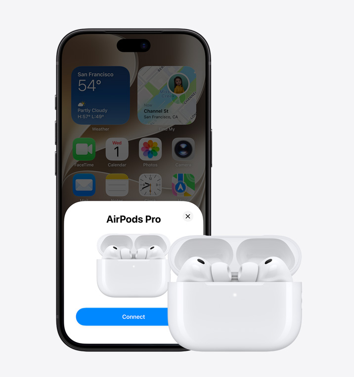 iPhone 18 Pro, önden dış görünüm, Ana Ekran’ın açık olduğu Apple Music uygulaması, açık MagSafe Şarj Kutusu’ndaki AirPods Pro 3’ün yanında duruyor
