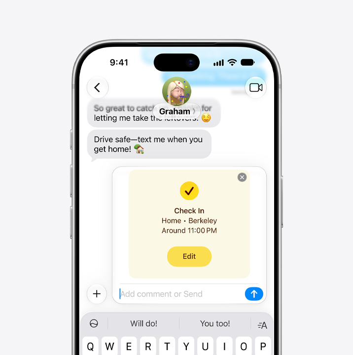 iPhone 18 Pro, вид спереду, відкрито додаток «Повідомлення» з функцією «Супровід», яка сповіщає одержувача, що відправник прибув додому