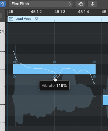 Screen showing Flex Pitch with Vibrato percentage, Lead Vocal graph