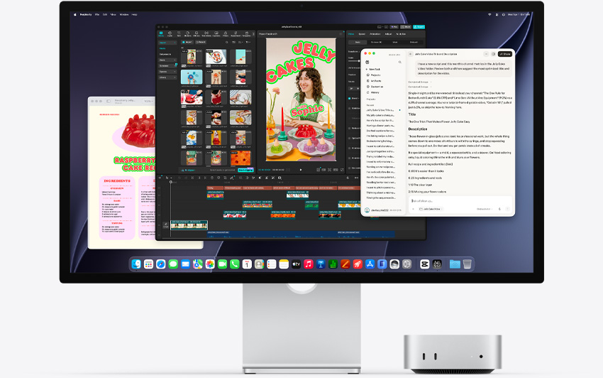 Mac mini’nin önden görünümü, Studio Display’in altına yerleştirilmiş, macOS ortamında Perplexity Personal Computer, CapCut ve Pages çalışıyor