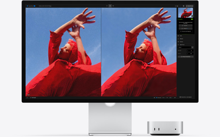 Mac mini’nin önden görünümü, Studio Display’in altına yerleştirilmiş, macOS ortamında Topaz Photo uygulaması çalışıyor