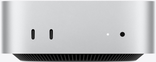 Mac mini, önden görünüm, iki adet Thunderbolt bağlantı noktası, durum göstergesi ışığı ve kulaklık jakı, altta konik tasarımlı siyah taban, düz üst yüzey, yuvarlatılmış köşeler, düz kenarlar, gümüş rengi