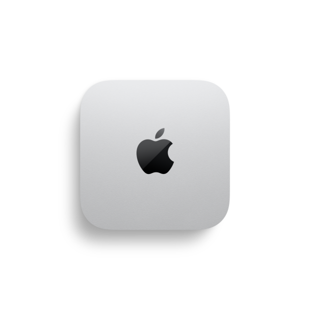 Mac mini, üstten görünüm, aygıtın solunda ve altında boyutları 12,7 santimetre olarak belirtilmiş, gümüş rengi alüminyum, kare, yuvarlatılmış köşeler, ortalanmış parlak siyah Apple logosu