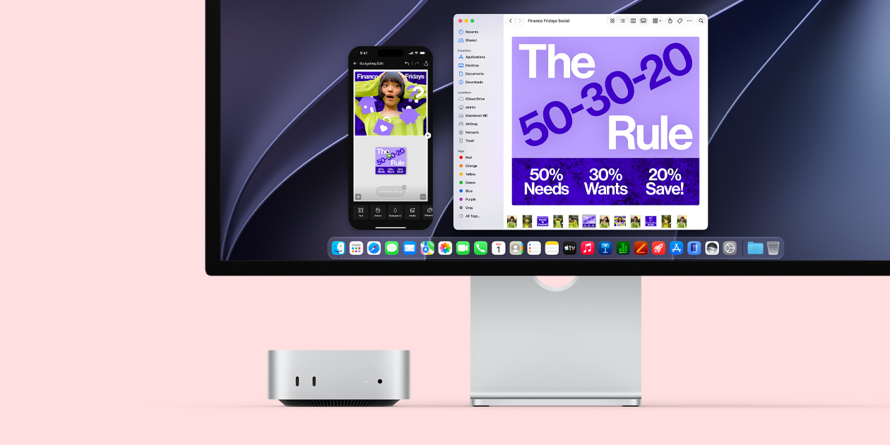 Mac mini front, tucked under Studio Display, display screen shows iPhone mirroring of a social media post about a topic titled Finance Fridays