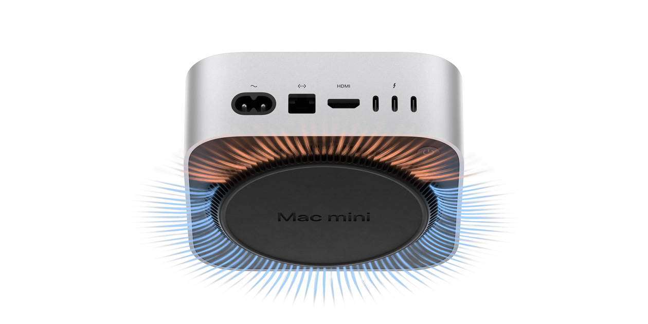 Mac mini, alttan görünüm, alüminyum kasanın altında bulunan termal  ve havalandırma sistemleri gösteriliyor