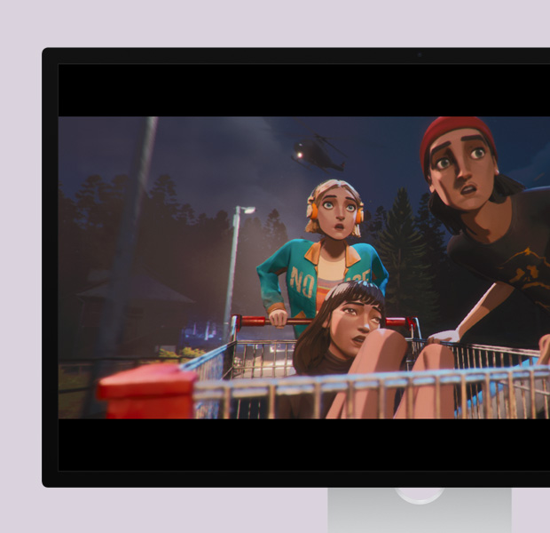 Studio Display, showing a still from the game Mixtape, two teens with hands on shopping cart, third teen sitting in shopping cart, street lamps, trees and helicopter visible against dark sky behind them