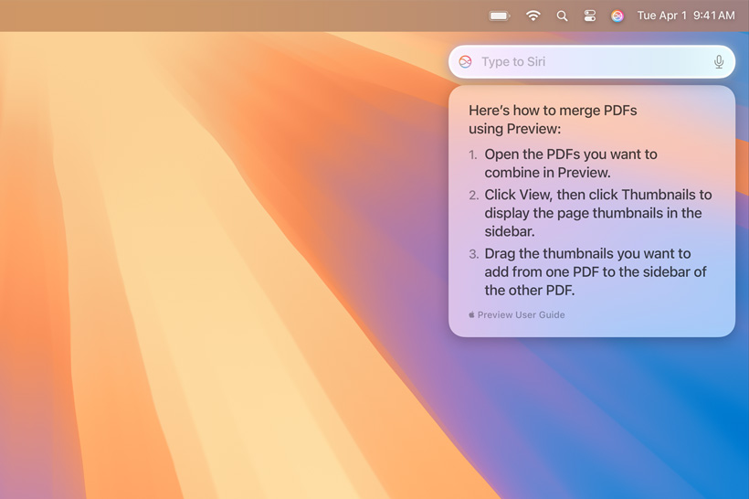 Text pop-up from Siri with information user was seeking about merging multiple PDFs.