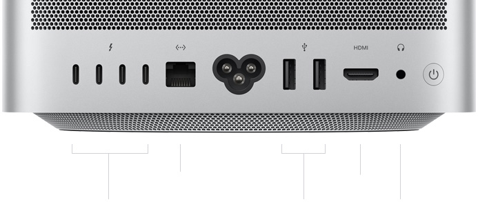 Mac Studio, arka kısmı, delikli alüminyum hava çıkışı, dört adet Thunderbolt 5 bağlantı noktası, bir adet Ethernet, bir adet güç soketi, iki adet USB-A, bir adet HDMI, bir adet kulaklık jakı ve güç düğmesi