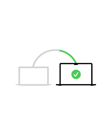 Illustration of two laptops connected by line, second shows green checkmark onscreen indicating migration process is complete