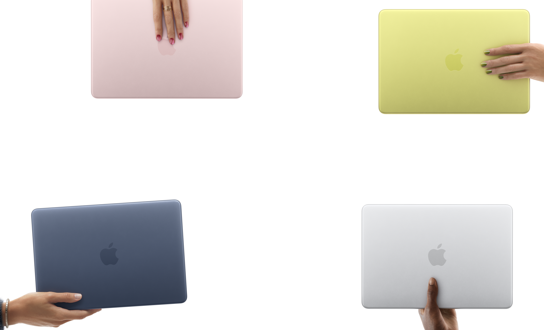 Farklı renklerde MacBook Neo laptoplar, her birini farklı bir kişinin eli tutuyor