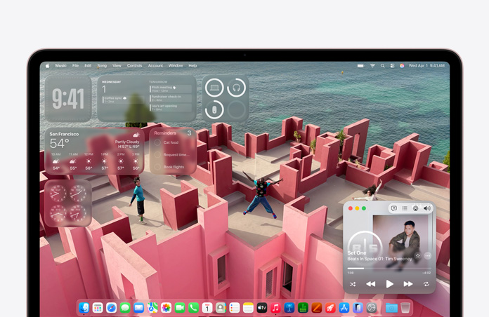 MacBook Neo screen customized with desktop background of a seaside rooftop patio and various widgets like Music, Calendar, Weather and Reminders