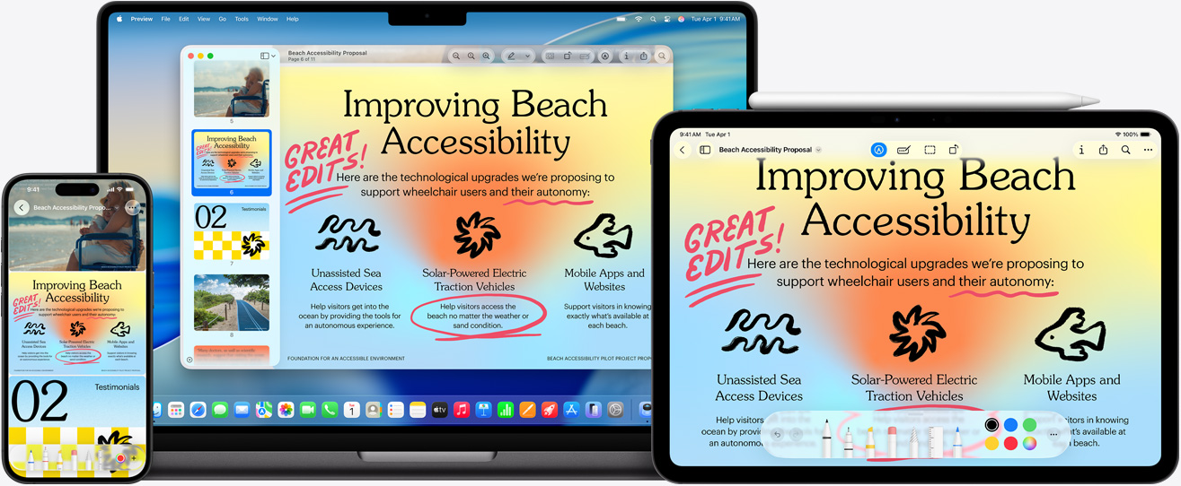 Multiple Apple devices, the same image on each device, an Apple Pencil has been used to mark up the image on the iPad, markup reflects on the other devices
