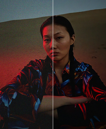Split photo of woman on sand dunes at dusk, denoising tool